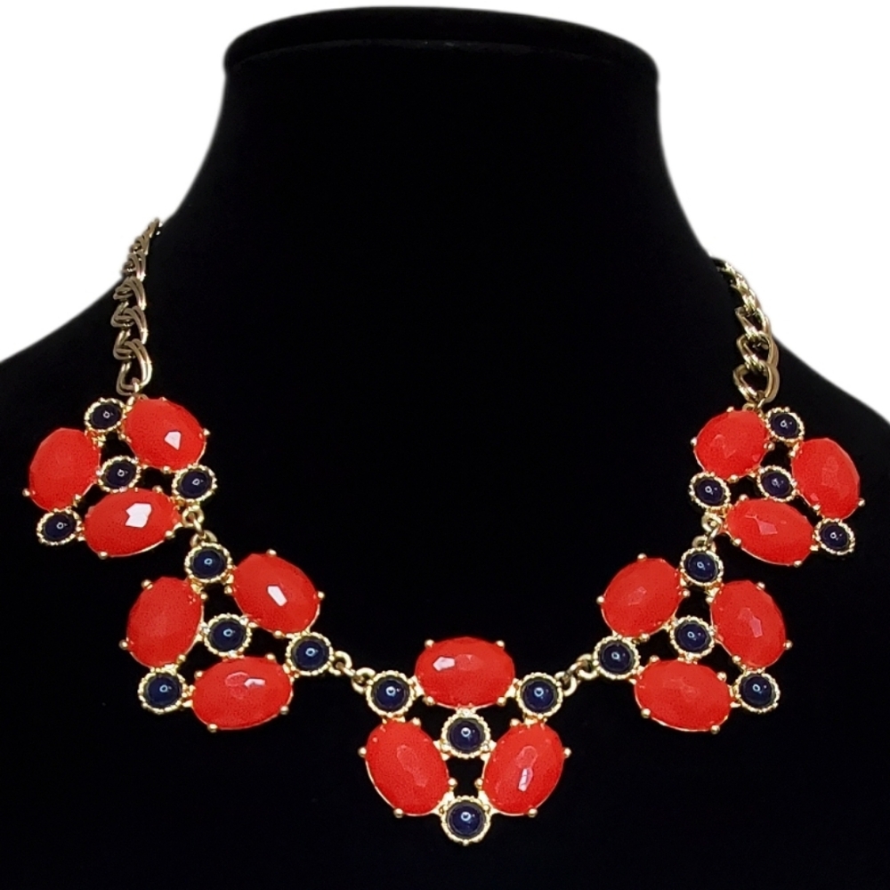 Estate Unsigned Gold-Toned Plastic Red & Navy Blue Bib Statement Adj Necklace